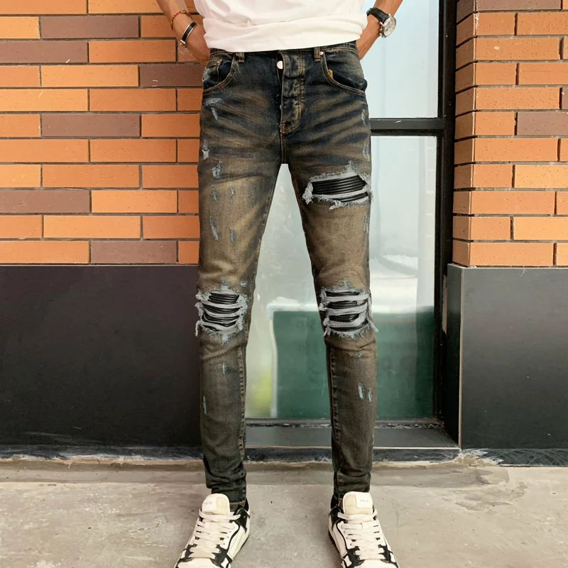 Jeans déFlexpour hommes, pantalons en denim, coupe skinny, déchirés, patché, marque de créateur, Hip Hop, zones bre, mode rétro, High Street