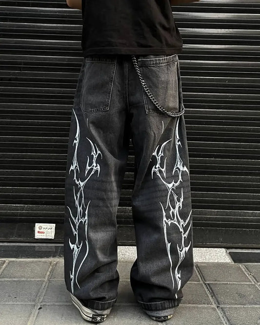 Pantalon Patch populaire avec motif d'épine imprimé, jean déchiré gothique Harajuku pour hommes et femmes, pantalon de rue taille haute Y2k à jambes larges