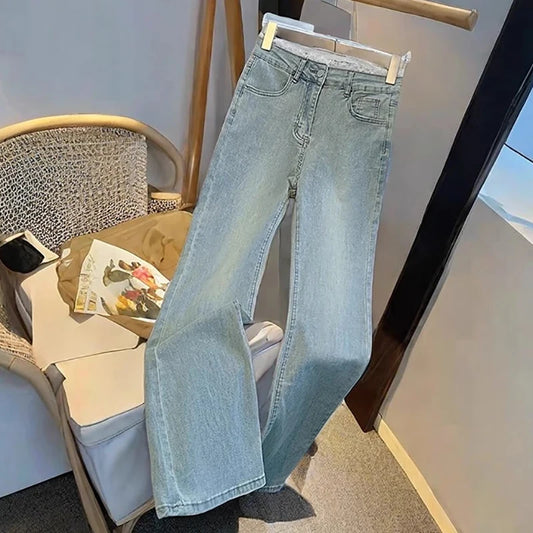 Jean Patchwork en dentelle pour femmes, coupe cintrée, taille haute, Micro pantalon évasé, Style coréen, décontracté, fermeture éclair, Denim, été