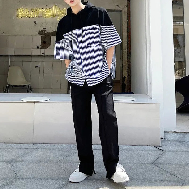 Chemise à capuche rayée à manches courtes, haut de gamme, design personnalisé, décontracté, imprimé, respirant, nouveau, été, 2024