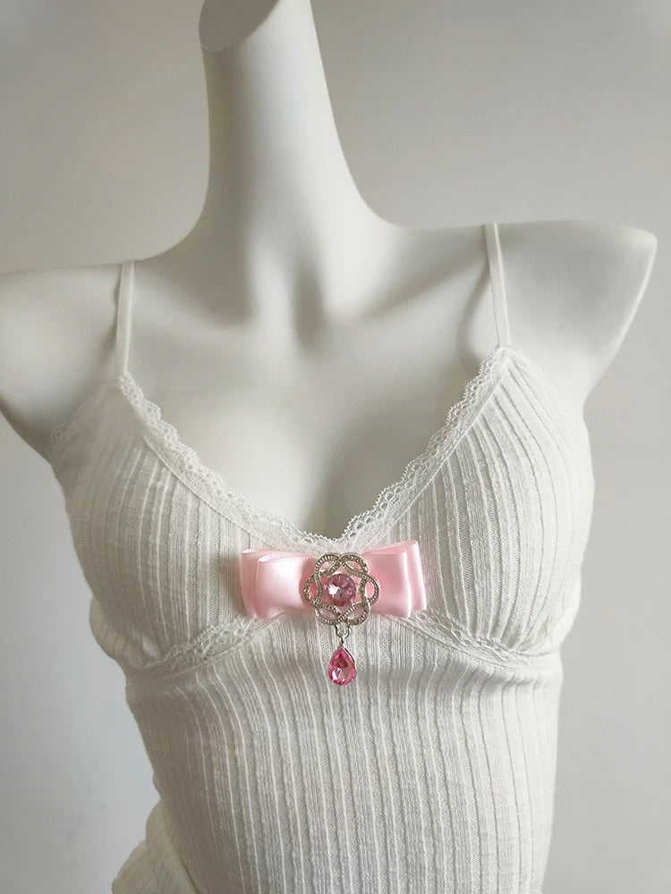 Camis mignon solide haut court femmes été nœud extensible hauts courts pour filles douces Kawaii vêtements