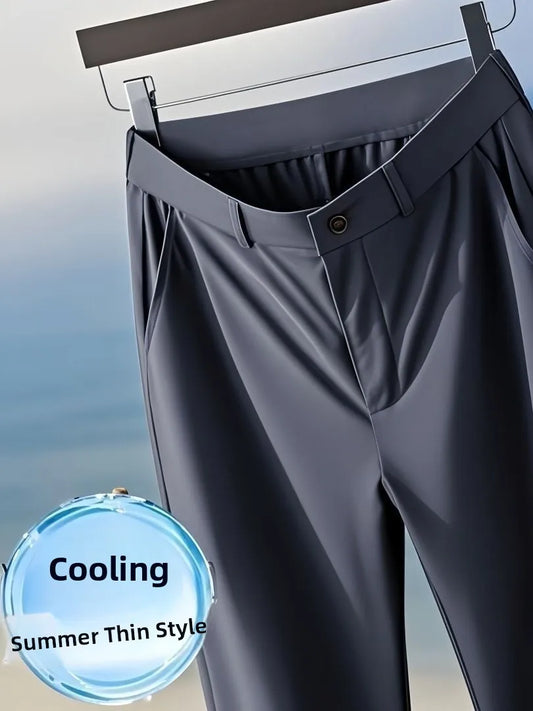 Pantalon pour hommes en soie glacée lisse et soyeuse, Ultra-fin, drapé à haute élasticité, décontracté, ample, jambe droite, Long, pour l'été, tenue de bureau