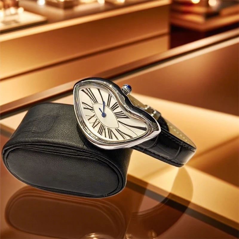 Montres médiévales Retr montres extraterrestres fondues et torsadées Y2k dames hommes bracelet en cuir montre à Quartz avancée boîtier irrégulier en cuir