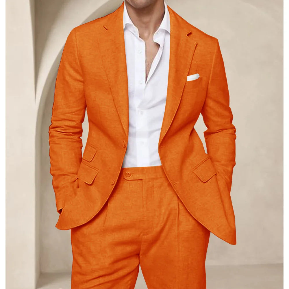 Costume deux pièces en lin pour hommes, Cool, respirant, élégant, mode, Design Slim, robe de mariée, vêtements de travail, confortable, nouveau, été