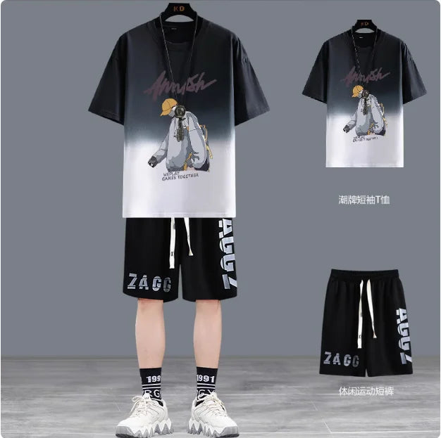 Short hommes costume été Joggers ensemble mode coréenne graphique T-shirt multi-poches Cargo pantalon 2 pièces ensemble hommes survêtements 2025 nouveau