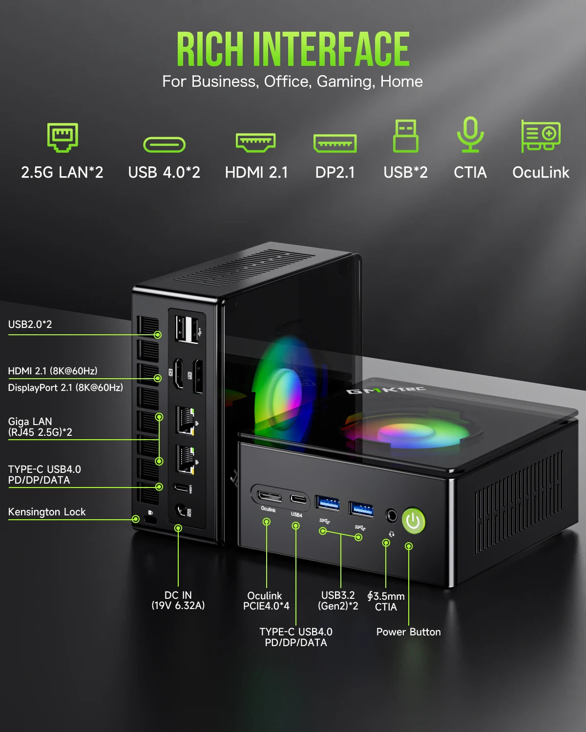 GMKtec-Mini PC Gaming Nucbox K11 AMD Ryzen 9 8945HS, OCuLink 2 x USB 4 2 x DDR5 2 x PCIe 2x2.5G LAN, Ordinateur de bureau RVB, Windows 11, WiFi 6