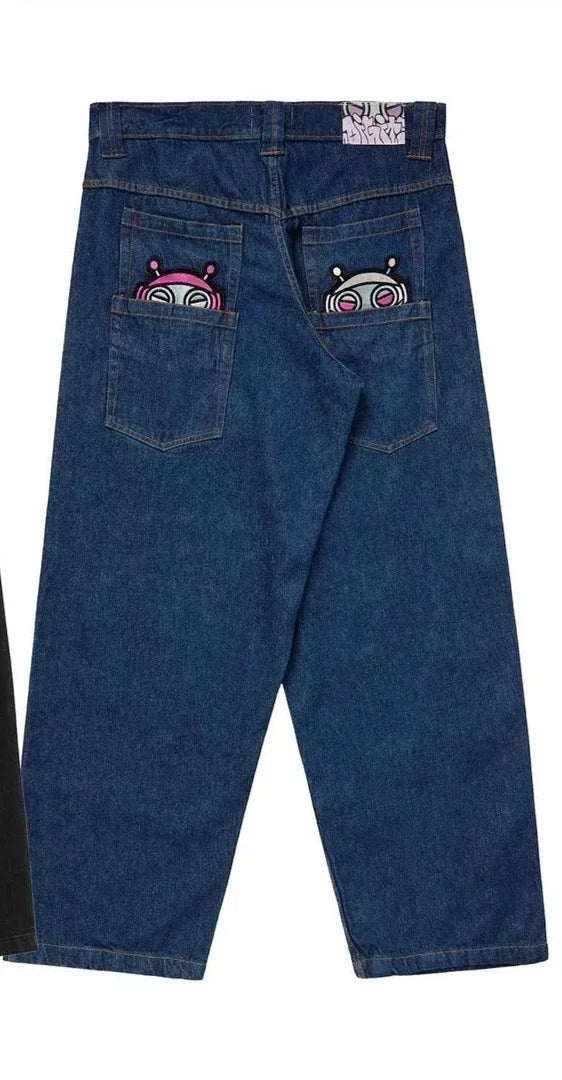 Pantalon Patch populaire avec motif d'épine imprimé, jean déchiré gothique Harajuku pour hommes et femmes, pantalon de rue taille haute Y2k à jambes larges