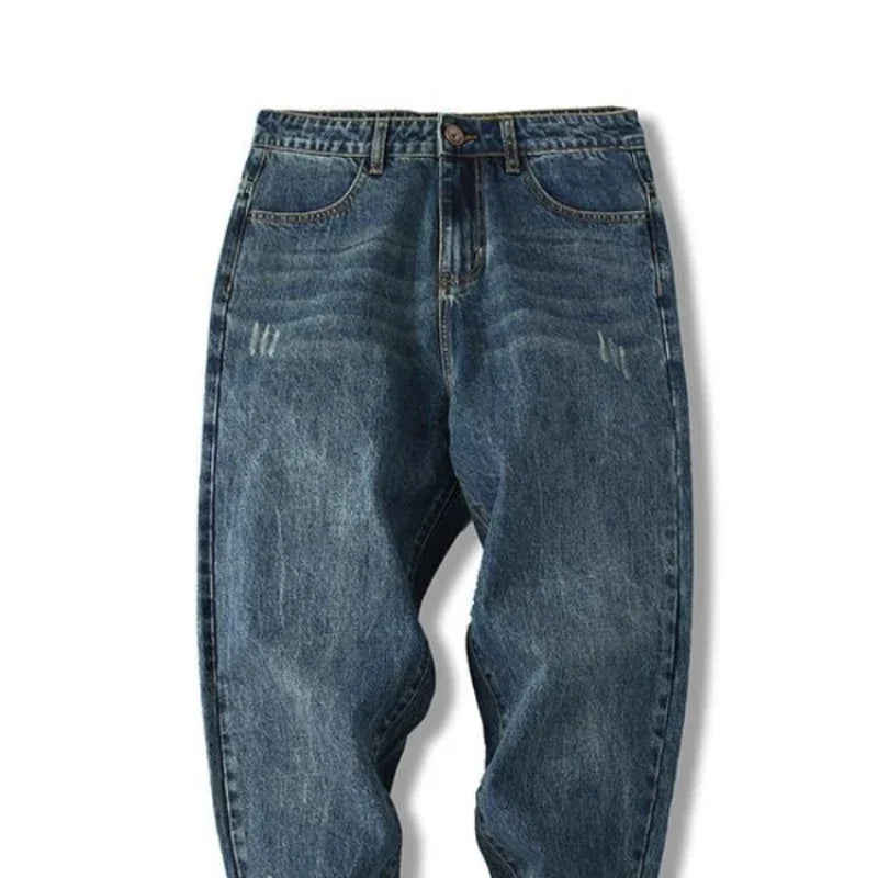 Fjwith Pockets Straight Cowboy Pants for Men, Cropped Jeans for Men, Korean Fashion, Washed, Harajuku, Summer, At Xs, Spring, Autumn