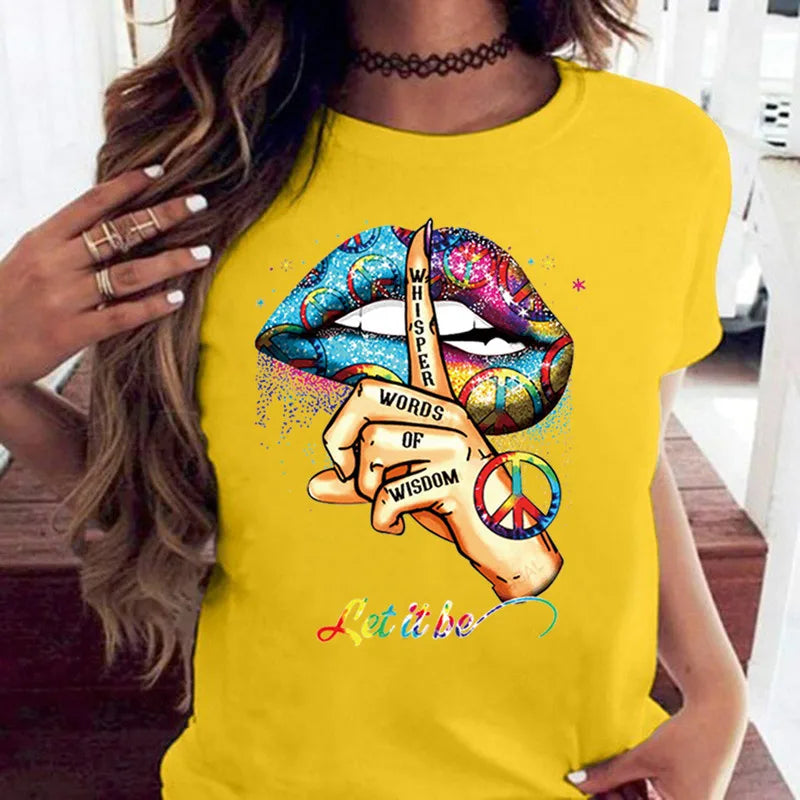 100% coton ample col rond bouche créative à manches courtes T-shirt femme surdimensionné T-shirt hauts vêtements esthétiques