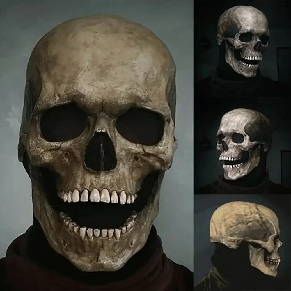 Masque de crâne en latex d'Halloween, décoration d'horreur, casque de crâne pleine tête, mâchoire mobile, accessoires de costumes de fête, cadeaux, déguisement de carnaval