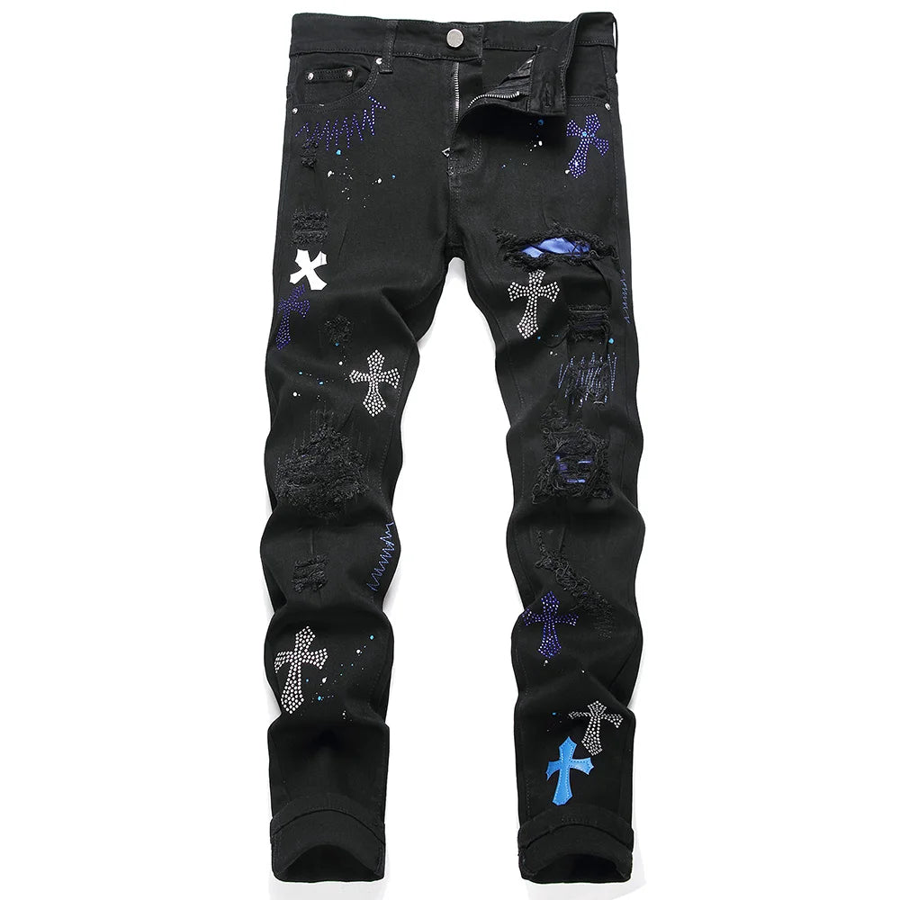 Jean en denim à commande croisée en cristal pour hommes, trous déchirés, distMurcia, pantalon noir, broderie, Slim, conique, fjered
