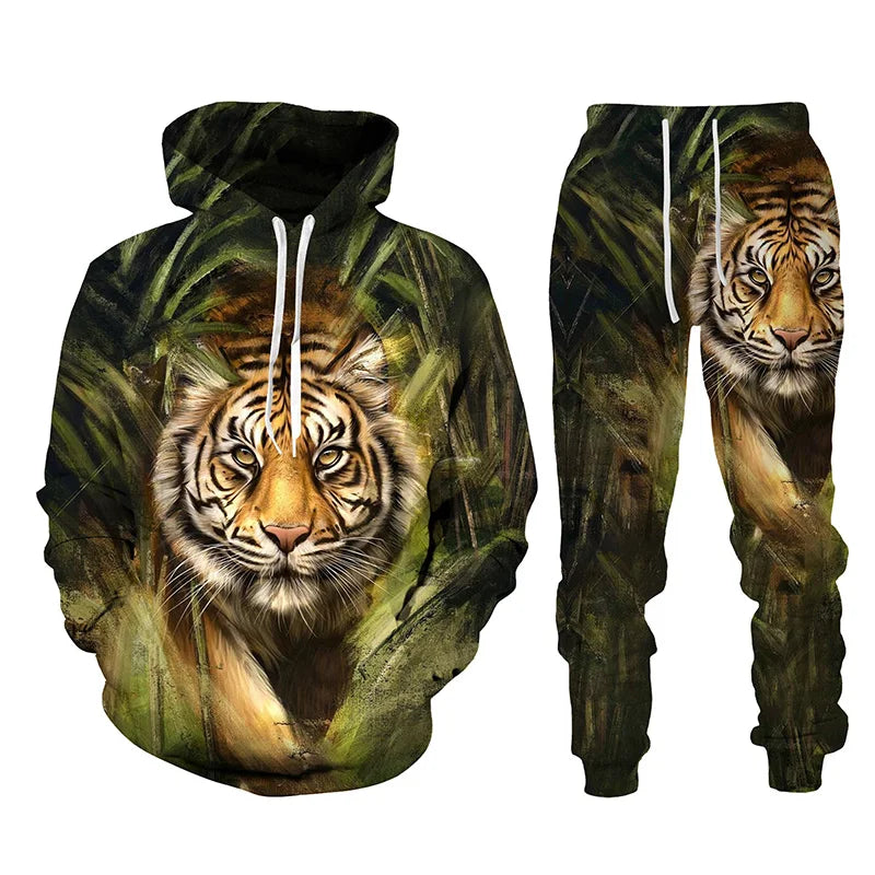 Ensemble de survêtement imprimé tigre animal 3D pour hommes, sweat à capuche et pantalon décontractés, streetwear à la mode, vêtements trempés, automne, hiver, 2 pièces