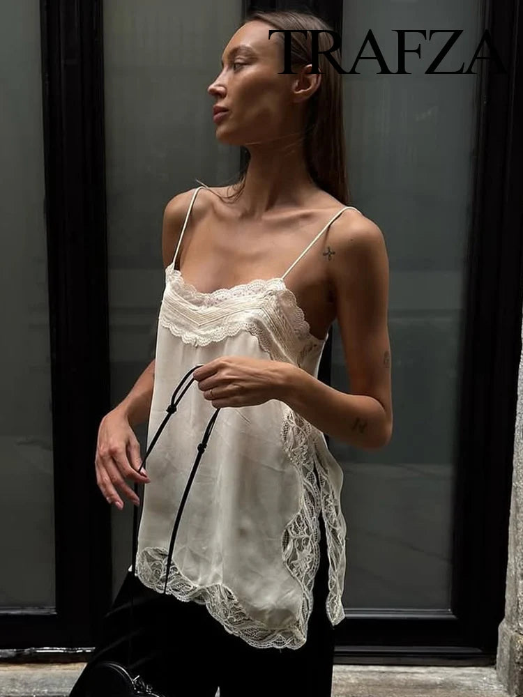 TRAFZA femmes mode d'été col en v dentelle épissé fendu fronde haut femme Sexy dos nu réglable bandoulière décontracté Camisole