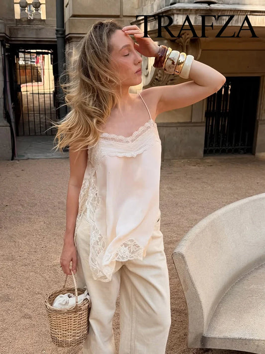 TRAFZA femmes mode d'été col en v dentelle épissé fendu fronde haut femme Sexy dos nu réglable bandoulière décontracté Camisole