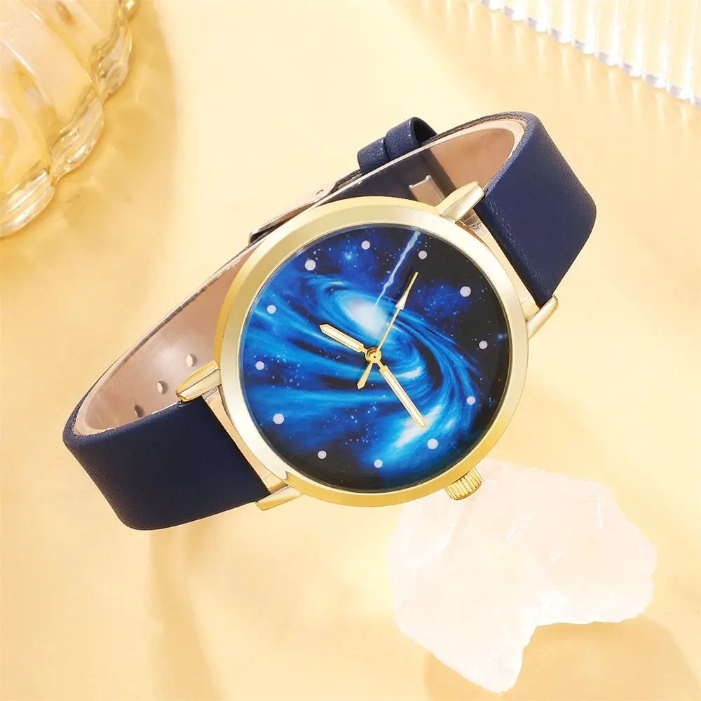 Montre à cadran ciel étoilé pour femme, design de marque, horloge, bracelet en cuir bleu, ensemble de 5 pièces