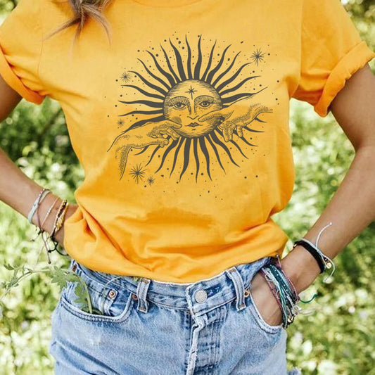 T-shirt à manches courtes pour femmes, style Boho, vintage, mains de soleil imprimées, été décontracté, hipster, mignon, esthétique, STRATravelling Y-