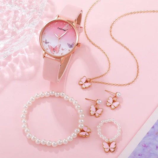 Montre à quartz avec cadran papillon rose pour femme, montre-bracelet en cuir pour femme, design de marque de luxe, mode féminine, ensemble de 6 pièces