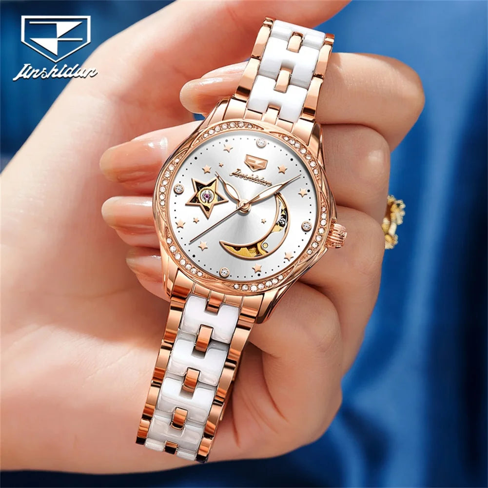 JSDUN-Montres mécaniques automatiques étanches pour femmes, modules en céramique, montre-bracelet de luxe pour dames, nouvelle mode originale