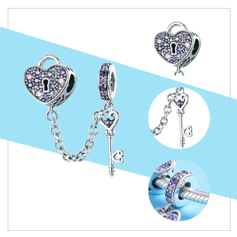Meilleure vente 100% argent Sterling 925 la clé de coeur silicone sécurité chaîne breloque Wostu Original perles Bracelet bijoux CQC606
