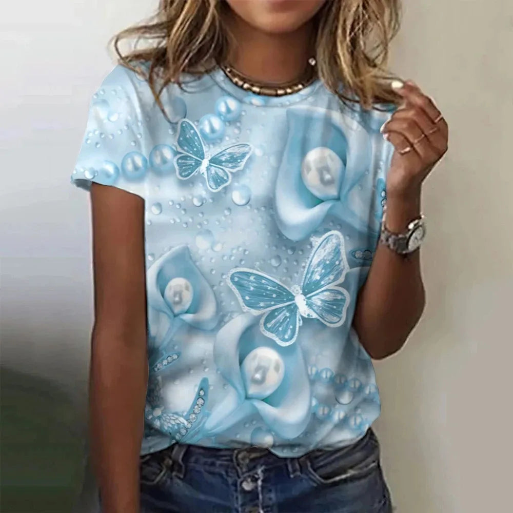 T-shirt manches courtes col rond femme, estival et surdimensionné, avec motif Floral et fleur papillon imprimé en 3D, Y2k, Harajuku, vêtements féminins, nouvelle collection