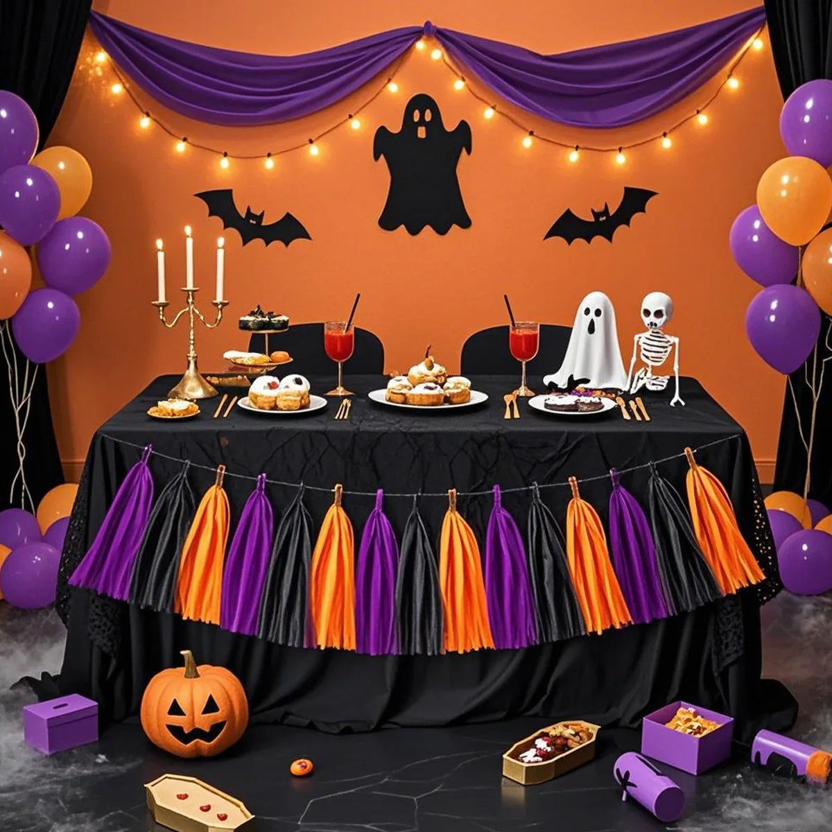 Décorations d'Halloween 15 pompons en papier noir orange violet frange lot de 2 pour salle de fête