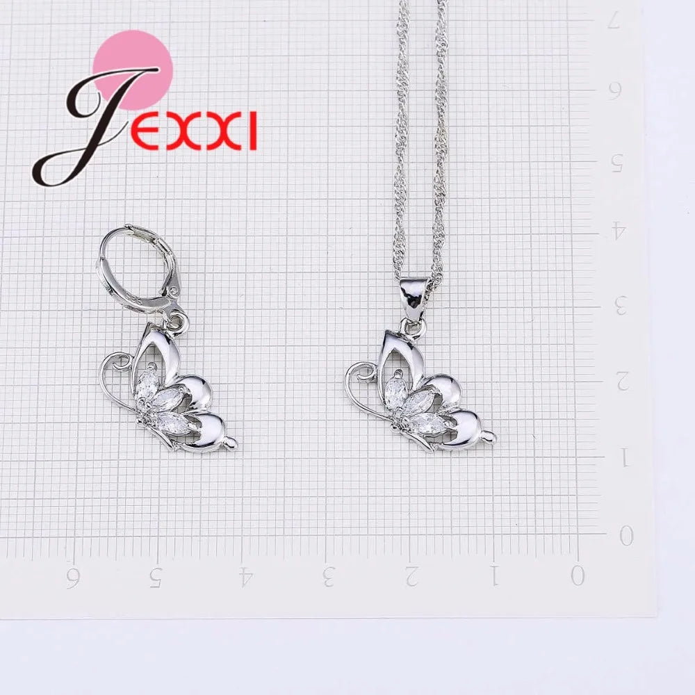 Ensemble de bijoux en argent Sterling 925 pour femmes, collier, pendentif, boucles d'oreilles papillon en zircone cubique élégante