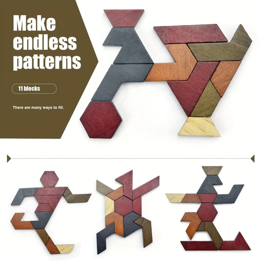 Puzzle Tangram hexagonal, jouets en bois pour enfants et adultes, puzzle stimulant, casse-tête en bois pour adultes