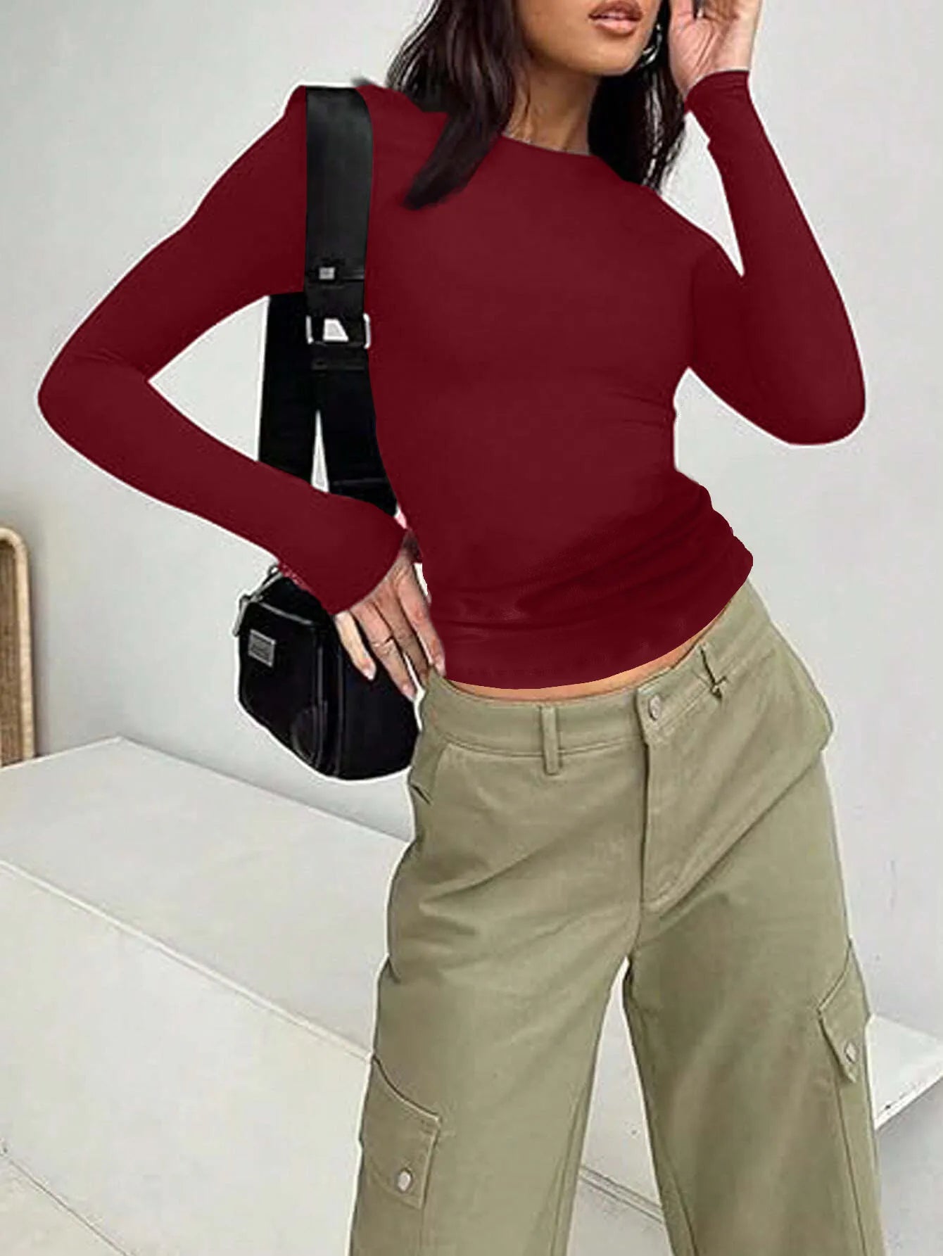 T-shirt à Manches sulfpour Femme, Vêtement Décontracté, Couleur Unie, Coupe Slim, Collection Automne