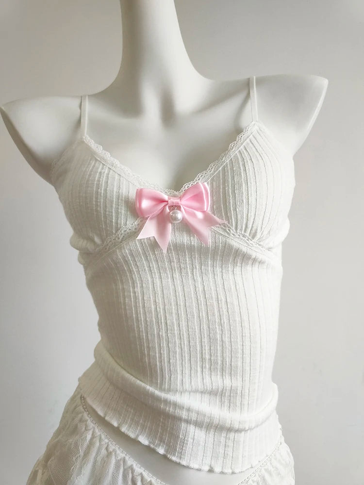 Camis mignon solide haut court femmes été nœud extensible hauts courts pour filles douces Kawaii vêtements