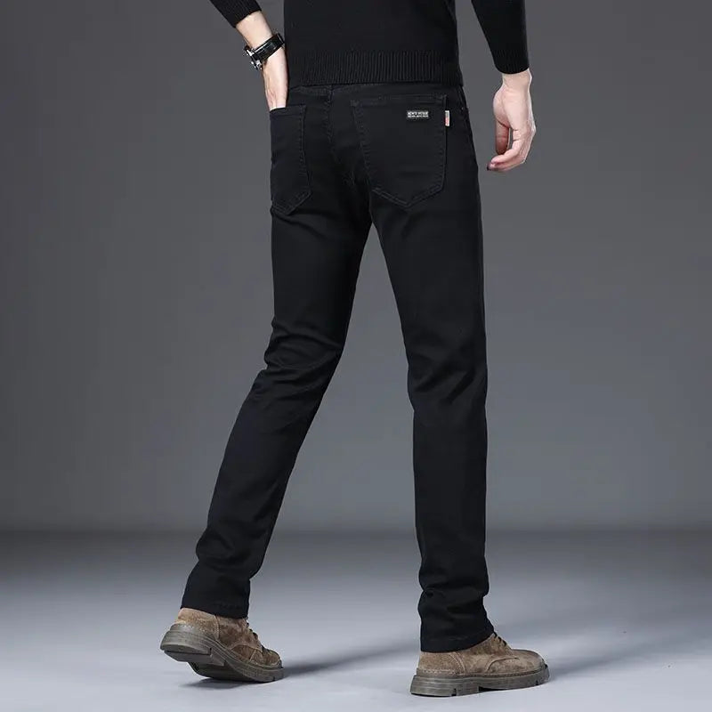 Nouveau Style jean noir hommes mince Style coréen confortable jambe droite élastique taille moyenne pantalon automne hiver pantalon Denim décontracté