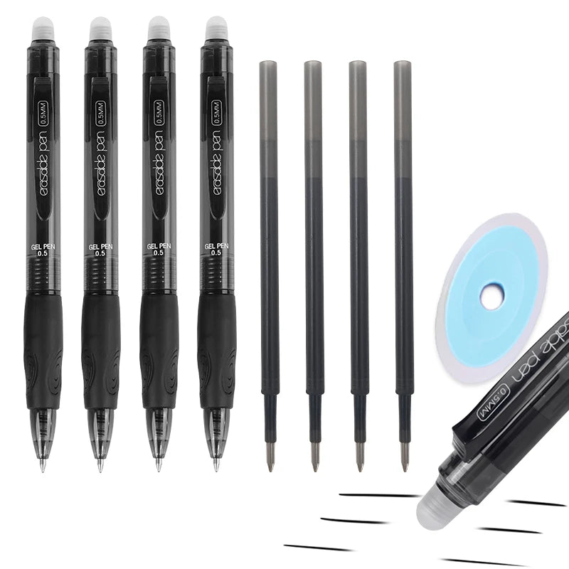 Stylos à Gel effaçables à pression noir et bleu, 0.5mm + 4 recharges + 1 stylo en caoutchouc