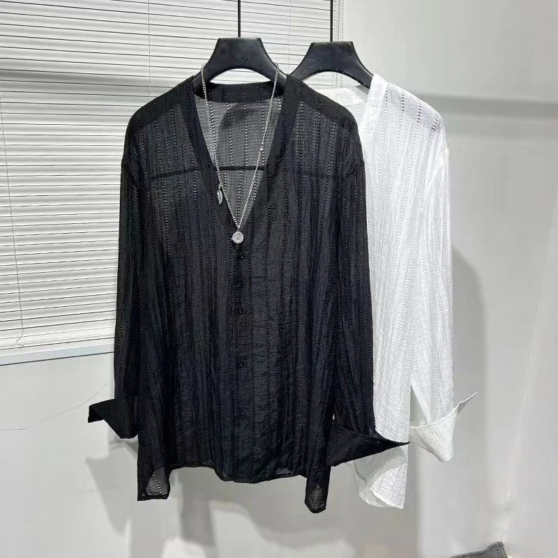 Chemise en maille transparente à col en V pour hommes, chemise à manches longues, chemise boutonnée en dentelle pure, chemises streetwear sexy, printemps, Y-2024