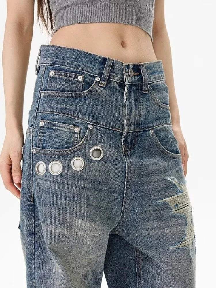 Trashy Y2K 2000S Vintage bleu Patchwork Baggy empilé déchiré jean pantalon pour femmes Designers vêtements décontracté dame Denim pantalon