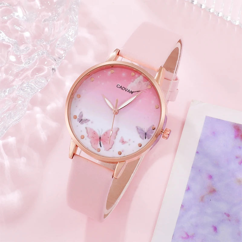 Montre à quartz avec cadran papillon rose pour femme, montre-bracelet en cuir pour femme, design de marque de luxe, mode féminine, ensemble de 6 pièces