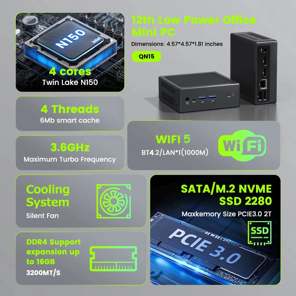 YCTipc Intel N150 Mini PC de jeu Windows 11 Pro Mini PC DDR4 8GB/16GB 1000M M.2 2280 SSD VGA Tri-affichage ordinateur de bureau