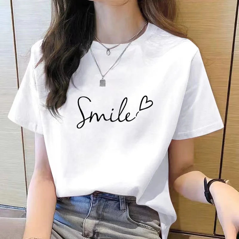 T-shirt à manches courtes pour femmes, col rond, mode coréenne, imprimé de médicaments