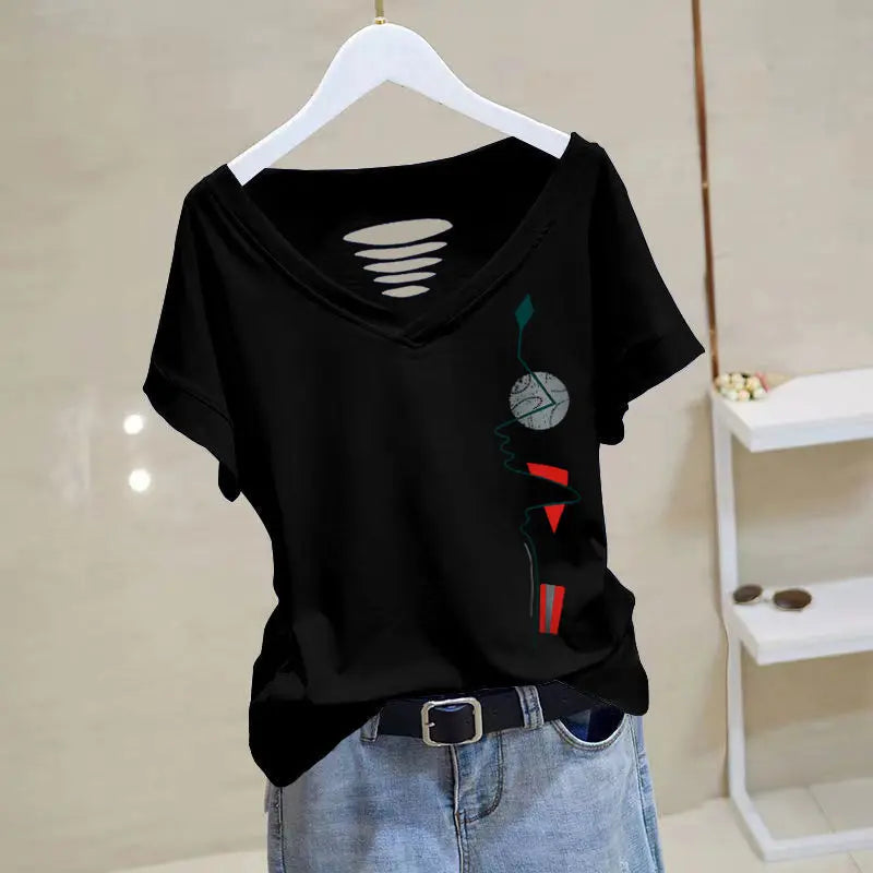 Économie en coton à manches courtes pour femmes, impression de documents solides, t-shirts à col en V, pulls évidés décontractés à la mode, été, nouveau, 2023