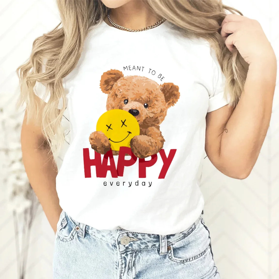T-shirt imprimé ours en peluche pour femme, haut décontracté à col rond, t-shirts graphiques, vêtements d'été sympas
