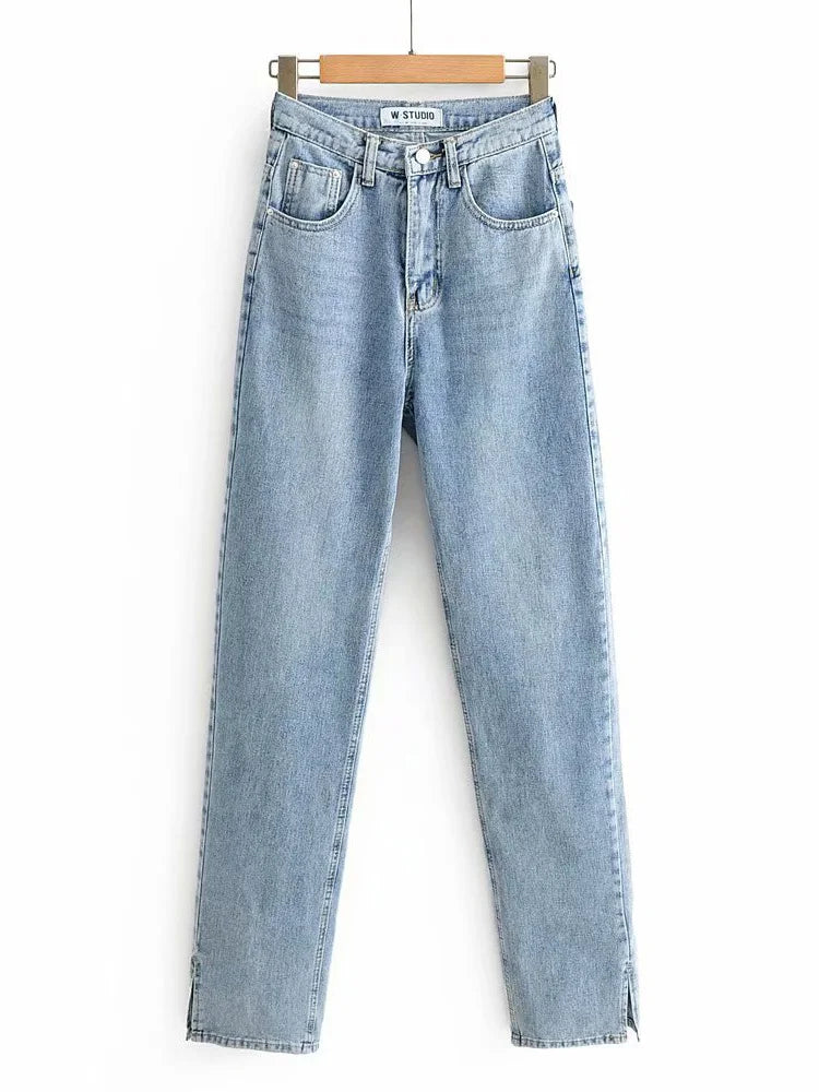 Jean droit Slim fendu pour femme, pantalon en Denim, taille haute, Vintage, Long, fente à la cheville, noir, 2023