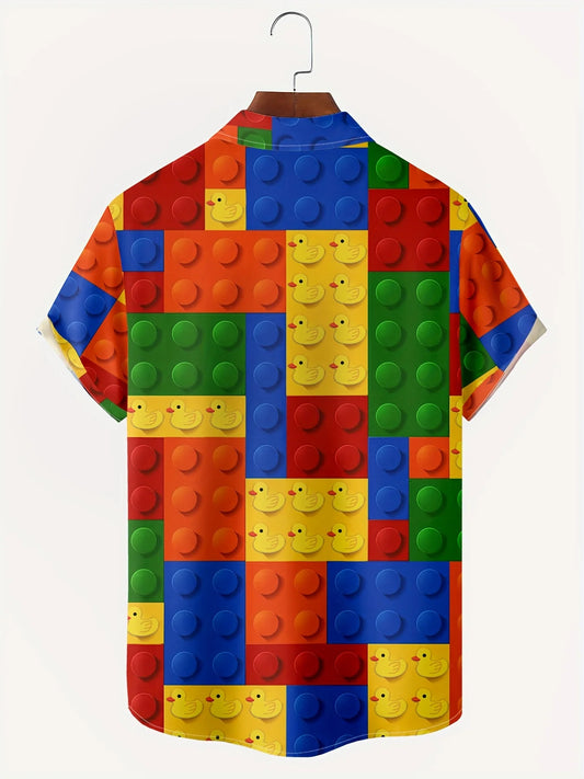 Chemise à revers à manches courtes pour hommes, blocs de construction 3D, impression graphique, chemise chic décontractée, grande chemise unisexe, vêtements streetwear