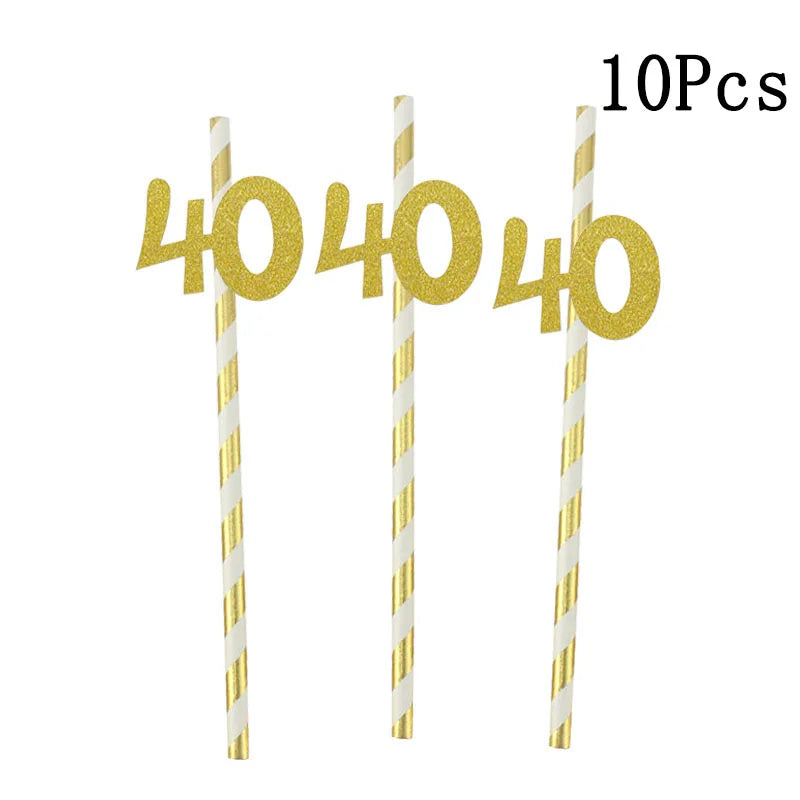 Pailles en papier à rayures dorées, 1 sac, numéro 30e 40e 50e 60e, lunettes à ceinture, pailles à boissons joyeux anniversaire pour adultes, décoration de fête en ballon