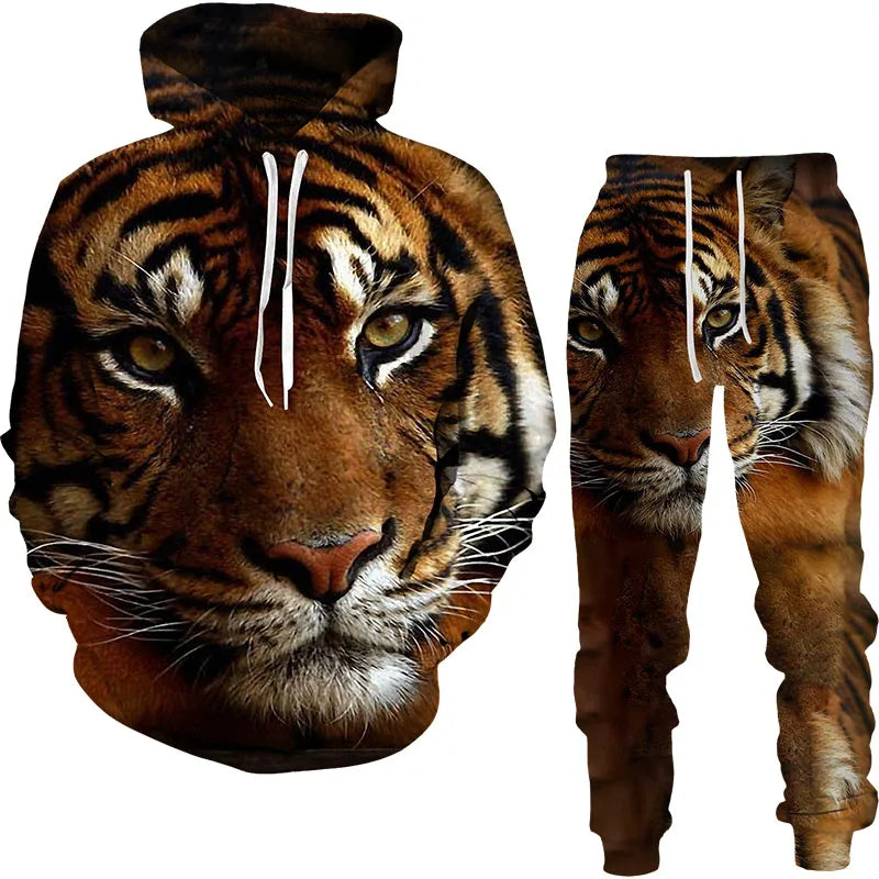 Ensemble de survêtement imprimé tigre animal 3D pour hommes, sweat à capuche et pantalon décontractés, streetwear à la mode, vêtements trempés, automne, hiver, 2 pièces