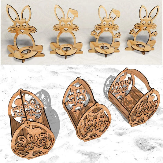 40 oeufs de panier de lapin de pâques, fichiers de dessin vectoriel 2D pour découpé au Laser DXF CDR Fomats, modèles d'ornements Cricut, décoration