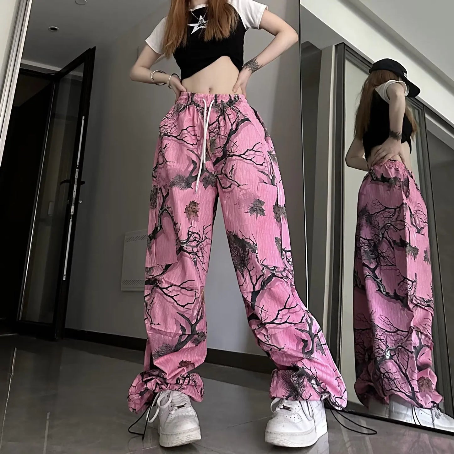 Y2k rose Graffiti impression complète pantalon causal rue Hip-hop amusant pantalon à jambes larges pour les femmes été taille haute ample et minceur Tre