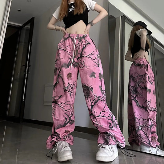 Y2k rose Graffiti impression complète pantalon causal rue Hip-hop amusant pantalon à jambes larges pour les femmes été taille haute ample et minceur Tre