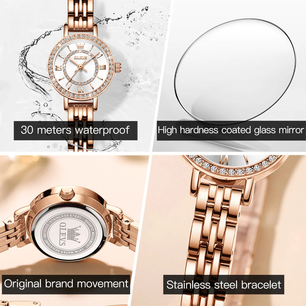 OLEVS-Montre en diamant pour femme, or rose, acier inoxydable, étanche, montre-bracelet élégante pour femme, quartz original, 5508