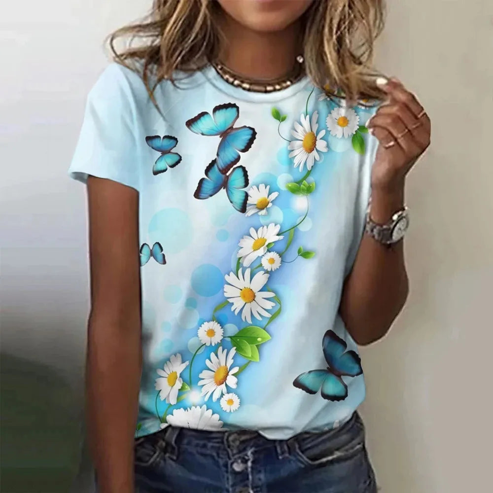 T-shirt manches courtes col rond femme, estival et surdimensionné, avec motif Floral et fleur papillon imprimé en 3D, Y2k, Harajuku, vêtements féminins, nouvelle collection