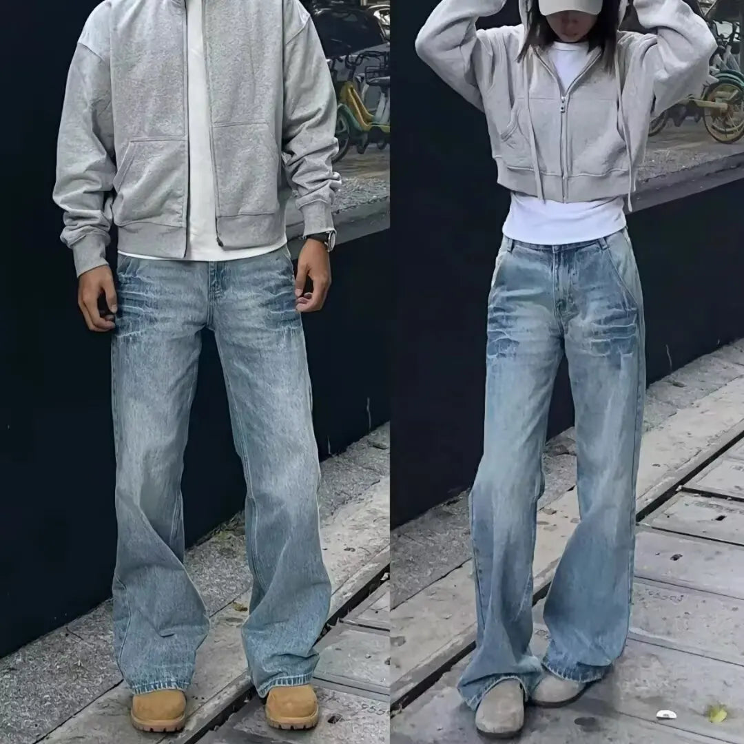 American Vibe style rétro lavé été nouveaux jeans pour hommes et femmes Instagram marque de mode haute rue lâche jambe droite pantalon