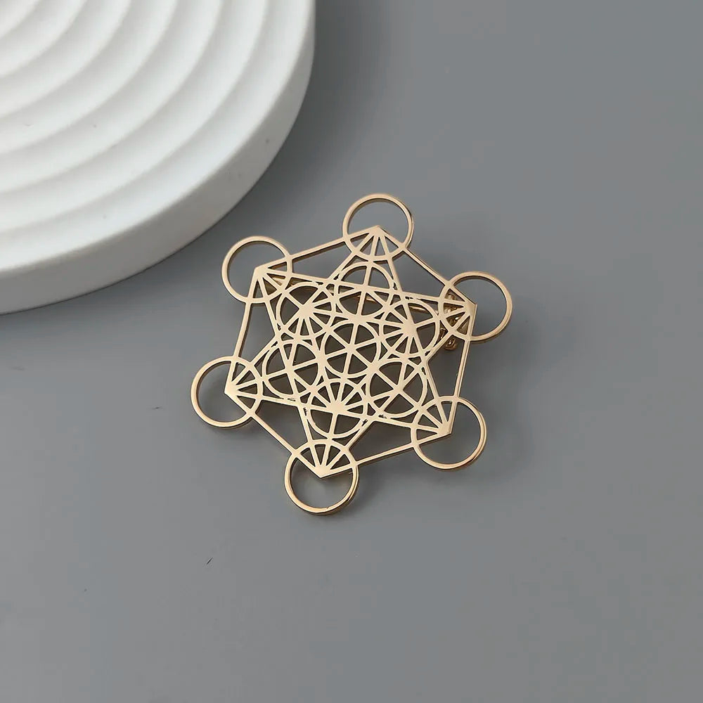 Broche Metatron creuse en acier inoxydable plaqué or 18 carats,