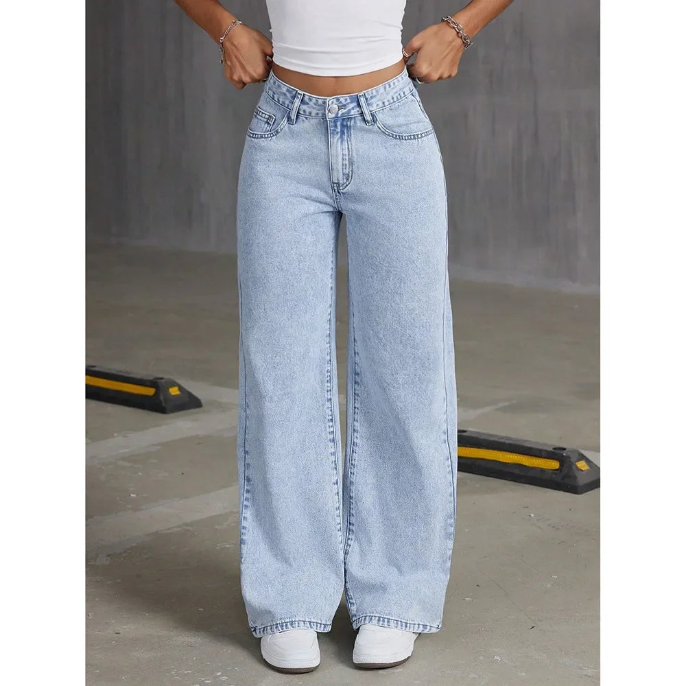 Jean droit ample taille haute, jambes larges, vêtements pour femmes, pantalon en Denim drapé, pantalon Long à la mode, Style rétro